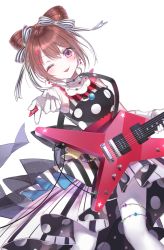 Rule 34 | 1girl, ;p, absurdres, alternate hairstyle, back bow, bad id, bad pixiv id, bang dream!, blush, boo 1, bow, bow-shaped hair, brown hair, commentary, cone hair bun, dress, earrings, electric guitar, gloves, guitar, hair bun, hair ornament, hair ribbon, highres, holding, holding instrument, instrument, jewelry, looking at viewer, one eye closed, outstretched arm, pale skin, pantyhose, plectrum, polka dot, polka dot dress, purple eyes, ribbon, sidelocks, simple background, solo, star (symbol), star hair ornament, striped clothes, striped dress, striped ribbon, symbol-only commentary, textless version, thighlet, tongue, tongue out, toyama kasumi, transparent background, white background, white gloves, white pantyhose