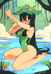 Rule 34 | 1girl, animal, animal on hand, arm up, artist name, asui tsuyu, bare arms, bare legs, barefoot, black eyes, blush, boku no hero academia, breasts, closed mouth, competition swimsuit, covered navel, curvy, day, feet, frog, full body, green hair, green one-piece swimsuit, hair between eyes, hand up, highleg, highleg swimsuit, lily pad, long hair, medium breasts, one-piece swimsuit, outdoors, shiny skin, sideboob, sideways glance, sitting, sitting on water, solo, squeezable (squeezabledraws), swimsuit, very long hair