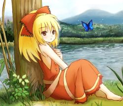 Rule 34 | 1girl, against tree, alternate costume, alternate hairstyle, bad id, bad pixiv id, bare shoulders, barefoot, blonde hair, bow, bug, butterfly, eijima moko, feet, female focus, grass, hair bow, insect, kurodani yamame, long hair, nature, no bra, outdoors, ponytail, red eyes, river, sitting, solo, toes, touhou, tree, water