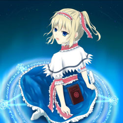 Rule 34 | 1girl, alice margatroid, alternate hairstyle, bad id, bad pixiv id, blonde hair, blue eyes, book, frills, from behind, husky (artist), looking back, magic circle, open mouth, pentagram, ponytail, short hair, sitting, solo, touhou, wariza