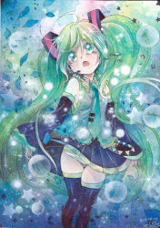 Rule 34 | 1girl, aqua eyes, aqua hair, dated, detached sleeves, hatsune miku, long hair, mosho, necktie, open mouth, painting (medium), panties, pantyshot, signature, skirt, solo, sparkle, striped clothes, striped panties, tears, thighhighs, traditional media, twintails, underwear, upskirt, very long hair, vocaloid, watercolor (medium)