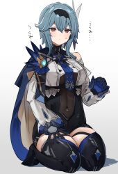 Rule 34 | 1girl, black gloves, black hairband, blue cape, blue gloves, blue hair, blue necktie, boots, breasts, cape, chest harness, closed mouth, clothing cutout, dot mouth, eula (genshin impact), full body, genshin impact, gloves, hairband, hand on own thigh, hand up, harness, high-waist shorts, highres, large breasts, linea alba, long sleeves, medium hair, necktie, red eyes, seiza, shorts, shoulder cutout, simple background, sitting, solo, sweatdrop, the olphy, thigh boots, thighs, white background, white sleeves, wide sleeves