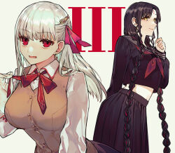 Rule 34 | 2girls, albino (a1b1n0623), black hair, black sailor collar, black serafuku, black shirt, black skirt, bow, bowtie, braid, breasts, brown vest, closed mouth, commentary, cowboy shot, dangle earrings, earrings, facial mark, fate/extra, fate/extra ccc, fate/grand order, fate/stay night, fate (series), forehead mark, forehead tattoo, gold earrings, grey hair, hair ornament, hair ribbon, hand up, highres, homurahara academy school uniform, jewelry, kama (fate), large breasts, leaning forward, light smile, long hair, long sleeves, looking at viewer, looking to the side, midriff peek, multicolored hair, multiple girls, neckerchief, open mouth, pink hair, pink ribbon, pleated skirt, red bow, red bowtie, red eyes, red neckerchief, ribbon, roman numeral, sailor collar, school uniform, serafuku, sessyoin kiara, sessyoin kiara (swimsuit mooncancer), shirt, simple background, skirt, streaked hair, third-party source, tsukumihara academy uniform (fate/extra ccc), twin braids, very long hair, vest, white background, white shirt