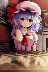 Rule 34 | 1girl, :o, ascot, bat wings, blurry, blurry foreground, board game, breasts, chess, chess piece, chessboard, chromatic aberration, commentary request, depth of field, hair between eyes, hand in own hair, hand up, hat, hat ribbon, indoors, light blush, looking at viewer, mob cap, open mouth, painting (object), puffy short sleeves, puffy sleeves, purple hair, red ascot, red eyes, red ribbon, remilia scarlet, ribbon, short hair, short sleeves, small breasts, solo, touhou, upper body, white hat, wings, wrist cuffs, yuuka nonoko