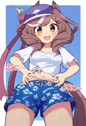 1girl animal_ears blue_hat blue_shorts blush breasts brown_hair cabbie_hat commentary_request cowboy_shot ears_through_headwear floral_print from_below gaze_on_me!_outfit_(umamusume) hat highres horse_ears horse_girl horse_tail long_hair matikane_tannhauser_(umamusume) medium_breasts multicolored_hair navel shirt short_sleeves shorts simoyuki solo stomach streaked_hair sweat tail tied_shirt umamusume white_hair white_shirt yellow_eyes