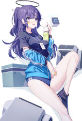 Rule 34 | 1girl, black shirt, blue archive, blue buruma, blue eyes, blue jacket, blush, breasts, buruma, commentary, gym uniform, halo, highres, id card, jacket, lanyard, long hair, long sleeves, looking at viewer, medium breasts, official alternate costume, open mouth, partially unzipped, ponytail, purple hair, ririko (zhuoyandesailaer), shirt, smile, solo, star sticker, sticker on face, track jacket, white background, yuuka (blue archive), yuuka (track) (blue archive)