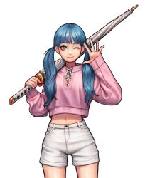 Rule 34 | 1girl, ;), blue eyes, blue hair, blunt bangs, closed mouth, concealed weapon, cowboy shot, highres, holding, holding umbrella, jungon kim, legs apart, lips, long sleeves, navel, one eye closed, original, over shoulder, pink sweater, shorts, simple background, smile, solo, spread fingers, standing, sweater, sword, twintails, umbrella, waving, weapon, white background, white shorts