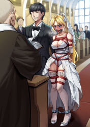 Rule 34 | 1girl, 2boys, ankle cuffs, arms behind back, bdsm, black hair, black suit, blonde hair, blue eyes, blush, bondage, bound, breasts, bridal veil, clapping, cleavage, dress, faceless, faceless female, faceless male, formal, frilled thighhighs, frills, full body, gag, gagged, grin, hand on another&#039;s hip, high heels, highres, indoors, long hair, medium breasts, multiple boys, original, panties, people, priest, restrained, root001, shibari, short hair, showgirl skirt, smile, standing, suit, thighhighs, underwear, veil, wedding, wedding dress, white dress, white footwear, white panties, white thighhighs, wiffle gag