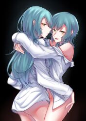 Rule 34 | 2girls, :|, aqua hair, bang dream!, bare shoulders, black background, braid, closed mouth, green eyes, hand on another&#039;s ass, highres, hikawa sayo, hug, incest, long hair, looking at viewer, medium hair, multiple girls, naked shirt, naughty face, open clothes, open mouth, open shirt, shirt, siblings, sisters, smile, spotlight l, twin braids, twincest, twins, yuri