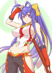Rule 34 | 1girl, antenna hair, backless outfit, bare shoulders, holding behind back, black pants, blazblue, blazblue: central fiction, blazblue variable heart, blue hair, bow, breasts, covered erect nipples, cowboy shot, fingerless gloves, genderswap, genderswap (mtf), gloves, groin, hair between eyes, hair bow, halterneck, holding, holding weapon, large breasts, long hair, looking at viewer, looking down, lowleg, lowleg pants, mai natsume, midriff, navel, no bra, no panties, open mouth, osafune kairi, outseal, pants, polearm, ponytail, purple eyes, revealing clothes, ribbon, salute, sideboob, sidelocks, skindentation, smile, solo, spear, standing, thighs, very long hair, weapon, yellow bow