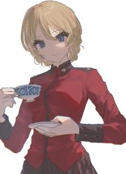 Rule 34 | 1girl, absurdres, blonde hair, blue eyes, braid, braided bun, commentary request, cup, darjeeling (girls und panzer), girls und panzer, hair between eyes, hair bun, highres, holding, holding cup, long sleeves, looking at viewer, military, military uniform, simple background, solo, st. gloriana&#039;s military uniform, tachibana wataru (123tsuki), teacup, uniform, upper body, white background