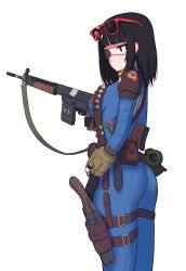 Rule 34 | 1girl, armor, ass, assault rifle, bebetang, belt, black eyes, black gloves, black hair, blue bodysuit, blunt bangs, bodysuit, breasts, brown belt, closed mouth, commentary request, duct tape, expressionless, eyepatch, fallout (series), fallout 3, from side, gloves, gun, highres, holding, holding gun, holding weapon, holster, korean commentary, leather armor, looking away, medium hair, original, pip boy, pouch, rifle, sheath, shotgun, shoulder armor, sidelocks, simple background, solo, standing, thigh strap, vault suit, weapon, white background