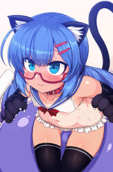 Rule 34 | 1girl, animal ears, bikini, black gloves, black thighhighs, blue eyes, blue hair, blush, cat ears, cat tail, closed mouth, collar, commentary request, elbow gloves, food, glasses, gloves, hair ornament, hairclip, highres, long hair, null (nyanpyoun), one-piece tan, otomachi una, popsicle, red-framed eyewear, red collar, semi-rimless eyewear, sitting, solo focus, swimsuit, tail, talkex, tan, tanline, thighhighs, under-rim eyewear, vocaloid, white bikini
