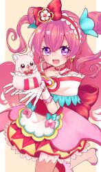 Rule 34 | 1girl, apron, back bow, bow, brooch, choker, cone hair bun, cure precious, delicious party precure, earrings, gloves, hair bun, heart, heart brooch, highres, huge bow, jewelry, kome-kome (precure), long hair, magical girl, mepuko (ooo mepumofu), nagomi yui, open mouth, pink bow, pink choker, pink hair, precure, purple eyes, smile, solo, two side up, white gloves