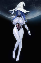 Rule 34 | 1girl, absurdres, bare legs, barefoot, blue eyes, blue hair, blue skin, breasts, colored skin, commentary request, covered navel, covering nipples, covering privates, eggisalive, elden ring, extra arms, full body, full moon, hand on headwear, hat, highres, large breasts, legs, long hair, looking at viewer, moon, one eye closed, ranni the witch, solo, thighs, toes, white hat, witch, witch hat