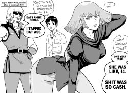 Rule 34 | ..., 1girl, 2boys, absurdres, arms at sides, bb (baalbuddy), belt, breast pocket, breasts, char aznable, closed mouth, collarbone, collared shirt, commentary, cowboy shot, crossover, english commentary, english text, gloves, greyscale, gundam, haman karn, hand on own hip, highres, ikari shinji, large breasts, looking at another, medium hair, military uniform, mobile suit gundam, monochrome, multiple boys, neon genesis evangelion, open mouth, pocket, shirt, short hair, simple background, speech bubble, standing, sunglasses, super robot wars, uniform, white background, zeta gundam