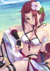 Rule 34 | 1girl, arm guards, bandaged arm, bandages, bare shoulders, beach, bikini, black footwear, blush, breasts, bridal gauntlets, brown eyes, cleavage, closed mouth, collarbone, commentary request, day, eyes visible through hair, flower, green ribbon, hair flower, hair ornament, hair over one eye, hair ribbon, hibiscus, highres, knee up, long hair, looking at viewer, low-tied long hair, medium breasts, navel, o-ring, o-ring bikini, o-ring top, ocean, on ground, outdoors, princess connect!, purple hair, purple ribbon, ribbon, ruka (princess connect!), ruka (summer) (princess connect!), sandals, sarong, shimon (31426784), sitting, smile, solo, stomach, swimsuit, thigh strap, very long hair, water, white bikini, white flower