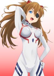 Rule 34 | 1girl, b (papiopine), blue eyes, brown hair, covered navel, evangelion: 3.0+1.0 thrice upon a time, eyepatch, gluteal fold, gradient background, hair between eyes, hair flip, hand in own hair, hand on own hip, interface headset, long hair, looking at viewer, neon genesis evangelion, open mouth, plugsuit, rebuild of evangelion, solo, souryuu asuka langley, tongue