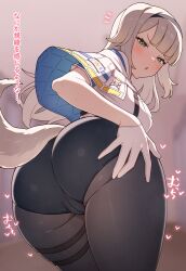 Rule 34 | 1girl, absurdres, ass, cameltoe, from behind, from below, highres, huge ass, looking back, looking down, nijisanji, pantyhose, pantylines, shioriha ruri, short shorts, shorts, takano suzu, translation request, virtual youtuber, white hair