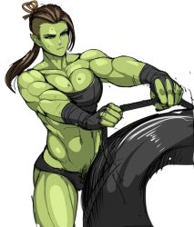 Rule 34 | 1girl, abs, arm wrap, blue eyes, breasts, colored skin, exercising, green skin, large breasts, long hair, muscular, muscular female, nisetanaka, orc, original, pointy ears, ponytail, shaved head, solo, sweat, tusks, weightlifting, white background