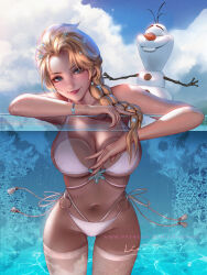 Rule 34 | 1girl, against glass, bare shoulders, bikini, blonde hair, blue eyes, bracelet, braid, braided ponytail, breast press, breasts, breasts on glass, cleavage, closed eyes, closed mouth, cloud, day, elsa (frozen), forehead, frosted glass, frozen (disney), groin, hair ornament, hair over shoulder, highleg, highleg bikini, highres, jewelry, large breasts, liang xing, lips, long hair, looking at viewer, navel, nose, o-ring, o-ring bikini, olaf (frozen), outdoors, partially submerged, sky, smile, snowflake hair ornament, snowflake ornament, snowflakes, solo focus, swimsuit, thighhighs, water, white bikini, white thighhighs