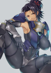 Rule 34 | 1girl, armor, armpits, ashera (xenoblade), black hair, bodysuit, breasts, covered erect nipples, covered navel, dark-skinned female, dark skin, elbow gloves, gloves, grin, hair ornament, highres, large breasts, looking at viewer, medium hair, miga (migao), ponytail, red eyes, shoulder armor, sitting, skin tight, smile, teeth, weapon, xenoblade chronicles (series), xenoblade chronicles 3