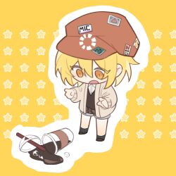 Rule 34 | 1girl, blonde hair, brown footwear, cabbie hat, collared shirt, commentary, cup, don quixote (project moon), drink, drinking straw, fructoseies, hat, highres, jacket, limbus company, open clothes, open jacket, project moon, shirt, shoes, short hair, shorts, socks, solo, spill, standing, star (symbol), starry background, sticker, vest, yellow background, yellow eyes
