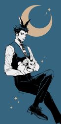 Rule 34 | 1boy, animal, animal ears, aogami (megami tensei), blue background, closed mouth, clothed animal, collared shirt, crescent, highres, holding, holding animal, looking at viewer, male focus, necktie, pants, rabbit, rabbit ears, shin megami tensei, shin megami tensei v, shirt, shoes, simple background, solo, sparkle, twitter username, vest, yellow eyes, za210n