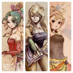 Rule 34 | 3girls, amano yoshitaka design, bad id, bad twitter id, blonde hair, breasts, celes chere, child, cleavage, commentary request, female focus, final fantasy, final fantasy vi, green hair, multiple girls, pantyhose, relm arrowny, tina branford