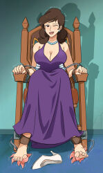 Rule 34 | absurdres, barefoot, bdsm, blush, bondage, bound, bound ankles, bound wrists, breasts, brown eyes, brown hair, cleavage, dress, earrings, highres, jewelry, large breasts, lost one zero, lupin iii, mine fujiko, purple dress, tickling, tied to chair