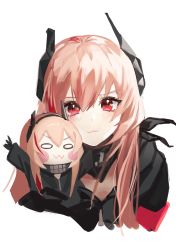 Rule 34 | 2girls, :3, arms up, artworks/90491410, bad id, bad pixiv id, blush, blush stickers, chibi, closed mouth, cropped torso, dano, girls&#039; frontline, headgear, highres, light brown hair, long hair, looking at viewer, m4 sopmod ii (girls&#039; frontline), m4 sopmod ii jr, multicolored hair, multiple girls, red hair, simple background, streaked hair, upper body, white background, wide oval eyes