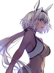 Rule 34 | 1girl, animal ears, arm at side, bare shoulders, black hairband, body markings, breasts, caenis (fate), dark-skinned female, dark skin, fate/grand order, fate (series), green eyes, hair between eyes, hair intakes, hairband, halterneck, horse ears, long hair, looking ahead, medium breasts, parted lips, ponytail, ponytail holder, revealing clothes, simple background, sketch, solo, tsengyun, upper body, white background, white hair