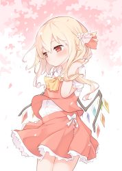 Rule 34 | 1girl, ascot, blonde hair, blush, bow, cherry blossoms, cowboy shot, expressionless, flandre scarlet, hair ribbon, highres, long hair, no headwear, pointy ears, puffy short sleeves, puffy sleeves, red eyes, red ribbon, red skirt, red vest, ribbon, sakurea, shirt, short sleeves, skirt, skirt set, solo, touhou, vest, white background, white bow, white shirt, wind, yellow ascot