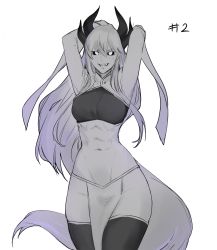 Rule 34 | 1girl, abs, absurdres, arms up, black sclera, breasts, colored sclera, commentary, cowboy shot, greyscale, grin, hair between eyes, highres, horns, less, long hair, looking at viewer, medium breasts, monochrome, navel, original, pelvic curtain, sharp teeth, simple background, smile, solo, stomach, tail, teeth, thighhighs, toned, very long hair, white background
