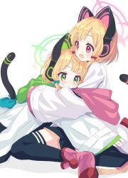 Rule 34 | 2girls, :&lt;, animal ear headphones, animal ears, black skirt, black thighhighs, blonde hair, blue archive, bow, cat ear headphones, cat tail, check commentary, coat, commentary request, crying, crying with eyes open, dot nose, fake animal ears, green bow, green eyes, hair bow, halo, headphones, highres, hood, hooded coat, hug, legs, light blush, long sleeves, looking at another, looking away, midori (blue archive), momoi (blue archive), multiple girls, on floor, open mouth, oversized clothes, pink eyes, pink footwear, red bow, shirt, short hair, siblings, sisters, sitting, skirt, smile, tail, tears, teeth, thighhighs, thighs, tibaridooor, twins, upper teeth only, wariza, white background, white coat, white shirt