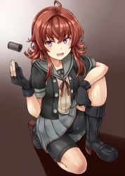 Rule 34 | 1girl, ahoge, arashi (kancolle), bike shorts, black gloves, black jacket, black legwear, commentary request, cosplay, depth charge, eyebrows, fingerless gloves, genuflecting, gloves, gradient background, grey background, hair between eyes, highres, jacket, kamelie, kantai collection, kinu (kancolle), kinu (kancolle) (cosplay), looking at viewer, on one knee, open mouth, purple eyes, red hair, remodel (kantai collection), shadow, shirt, short hair, shorts, shorts under skirt, solo, yellow shirt