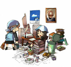 Rule 34 | 10s, 147, 2girls, aki (girls und panzer), ankle boots, bandana, bedroom, blue footwear, blue jacket, blue skirt, book, bookshelf, boots, bowl, broom, brown eyes, brown hair, bt-42, bucket, chibi, closed eyes, commentary, cup, desk, emblem, girls und panzer, hat, holding, holding book, holding broom, holding bucket, indoors, instrument, jacket, kantele, keizoku (emblem), light brown hair, little my, long hair, long sleeves, looking at another, messy room, mika (girls und panzer), mikko (girls und panzer), military, military uniform, military vehicle, miniskirt, model kit, model tank, moomin, moomintroll, motor vehicle, multiple girls, open mouth, painting (action), paper, picture frame, pleated skirt, poster (object), quill, raglan sleeves, short twintails, sitting, skirt, smile, snufkin, standing, tank, teacup, track jacket, twintails, uniform