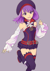 Rule 34 | 1girl, bare shoulders, commentary request, detached collar, detached sleeves, fate/grand order, fate (series), grey background, hair between eyes, hat, helena blavatsky (fate), isshoku (shiki), looking at viewer, medium hair, open mouth, purple eyes, purple hair, simple background, skirt, solo, teeth, thighhighs, tongue, zettai ryouiki