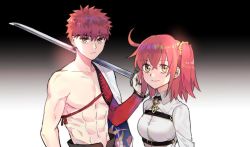 Rule 34 | 1boy, 1girl, abs, appleale19, emiya shirou, fate/grand order, fate (series), fujimaru ritsuka (female), holding, holding weapon, igote, katana, korean commentary, limited/zero over, looking at viewer, medium hair, over shoulder, senji muramasa (fate), topless male, short hair, side ponytail, simple background, smile, sword, weapon, weapon over shoulder, yellow eyes