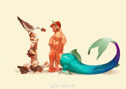 Rule 34 | 1boy, ass, bara, beard, bird, completely nude, erection, facial hair, fins, flower, from side, frottage, full body, grinding, head fins, highres, holding, holding flower, large pectorals, male focus, mature male, merman, monster boy, muscular, muscular male, nipples, nude, orange hair, original, pectorals, penis, pigeon, rose, seashell, shell, short hair, sideburns, solo, uncensored, xiaolumiaoliya