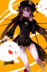 Rule 34 | 1girl, absurdres, genshin impact, ghost, ghost tail, highres, hu tao (genshin impact), jewelry, lessone, nail polish, red eyes, ring, simple background, smile, symbol-shaped pupils, yellow background