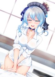 Rule 34 | 1girl, absurdres, alternate breast size, alternate costume, aqua eyes, arm support, bed, bed sheet, beret, blood, blood on chest, blood on face, blood on leg, blood stain, blue bow, blue choker, blue hair, bow, breasts, brooch, choker, cleavage, collarbone, crossed arms, crown, day, dress shirt, dutch angle, grey hat, hair bow, hat, hat ribbon, highres, hololive, hoshimachi suisei, indoors, jewelry, kneeling, leaning forward, light blue hair, light particles, light smile, long hair, looking at viewer, medium breasts, naked shirt, necklace, on bed, open mouth, paddy san, plaid headwear, ribbon, ringlets, shirt, side ponytail, sleeves rolled up, smile, solo, star (symbol), star choker, star pendant, striped, striped bow, thighs, tsurime, virtual youtuber, wavy hair, white shirt, window, yandere