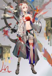 Rule 34 | 1girl, arknights, bandeau, bare legs, bead bracelet, beads, bracelet, breasts, commentary, full body, grey background, grey footwear, hand up, highres, horns, jewelry, linjianga lin, long hair, looking at viewer, midriff, navel, nian (arknights), pointy ears, purple eyes, shoes, shorts, silver hair, small breasts, smile, solo, standing, stomach, strapless, tube top, white shorts