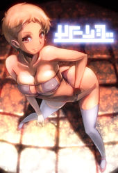 Rule 34 | 1girl, ass, bikini, blonde hair, breasts, cleavage, collarbone, contrapposto, female focus, foreshortening, full body, highres, ichihachiyon, looking at viewer, original, red eyes, short hair, smile, solo, standing, string, swimsuit, thighhighs, white bikini, white thighhighs