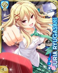 Rule 34 | 1girl, blonde hair, blouse, card (medium), character name, clenched hands, cut out, dress, earrings, girlfriend (kari), green dress, green neckwear, indoors, jewelry, motion lines, necktie, night, official art, open mouth, plaid, plaid dress, punching, qp:flapper, red eyes, robot, ryugasaki juria, school, school uniform, shirt, short sleeves, smile, standing, tagme, white shirt