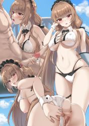 Rule 34 | 1girl, anus, ass, azur lane, bikini, black neckwear, blue sky, blunt bangs, bow, bowtie, breasts, brown hair, censored, cloud, cross, day, handjob, large breasts, looking back, low twintails, maid headdress, mosaic censoring, nipples, open mouth, penis, pussy, red eyes, sky, solo focus, spread anus, swiftsure (azur lane), swiftsure (midsummer special service) (azur lane), swimsuit, tongue, tongue out, twintails, urayama (backmountain), white bikini