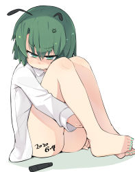 Rule 34 | 1girl, anger vein, angry, antennae, bare legs, barefoot, body writing, bottomless, collared shirt, dated, feet, female focus, green eyes, green hair, hair between eyes, highres, hugging own legs, nail polish, naked shirt, salamander (hop-step), shaded face, shirt, simple background, solo, thighs, toenail polish, toenails, toes, touhou, wavy mouth, white background, white shirt, wriggle nightbug