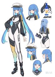 Rule 34 | 1girl, ass, blue eyes, blue hair, blunt bangs, bodysuit, breasts, character sheet, colored inner hair, dated, expressions, from behind, full body, hair rings, hand on own hip, hat, highres, light blue hair, long hair, looking at viewer, medium breasts, michihasu, multicolored bodysuit, multicolored clothes, multicolored hair, neckerchief, orca, original, profile, sailor collar, short ponytail, simple background, sketch, smile, two-tone hair, very long hair, visor cap, white background, wince