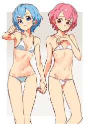 Rule 34 | 1boy, 1girl, bad id, bad pixiv id, bikini, blue eyes, blue hair, breasts, brother and sister, bulge, cleavage, clenched hand, crossdressing, dorothy west, holding hands, hetero, interlocked fingers, reona west, looking at viewer, mole, mole under eye, multiple girls, navel, pink eyes, pink hair, pretty series, pripara, rr (suisse200), short hair, siblings, small breasts, swimsuit, trap, twins