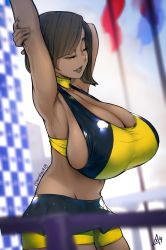 Rule 34 | 1girl, 2019, armpits, arms up, asymmetrical hair, aurahack, bike shorts, black lips, breasts, brown hair, bursting breasts, choker, cleavage, commentary, dark-skinned female, dark skin, depth of field, english commentary, closed eyes, halterneck, highres, huge breasts, lipstick, makeup, midriff, miniskirt, original, pleated skirt, race queen, sagging breasts, short hair, shorts, shorts under skirt, sideboob, signature, skindentation, skirt, soft focus, solo, stretching, thighs, very dark skin, yellow choker